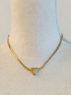 AVON Vintage Elegant Gold Tone Necklace with Triangle Rhinestone Pendant